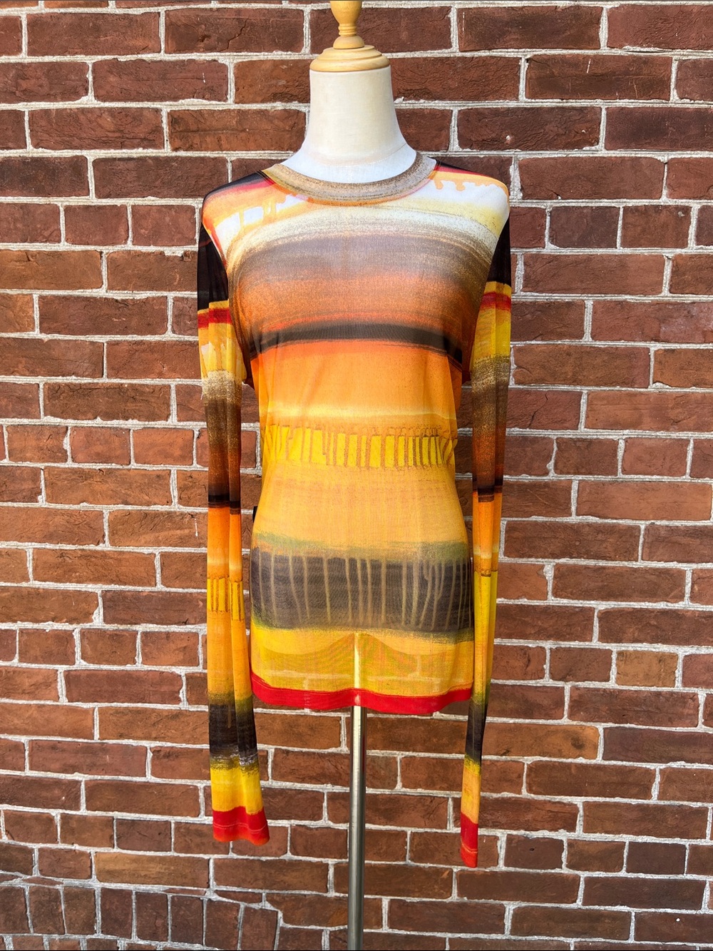 '90s Moschino Jeans Yellow Orange Long Sleeve Sheer Stretch Mesh Top